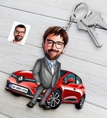 Kişiye Özel Bay Renault Clio Figürlü Plakalı Ahşap Karikatür Anahtarlık-1