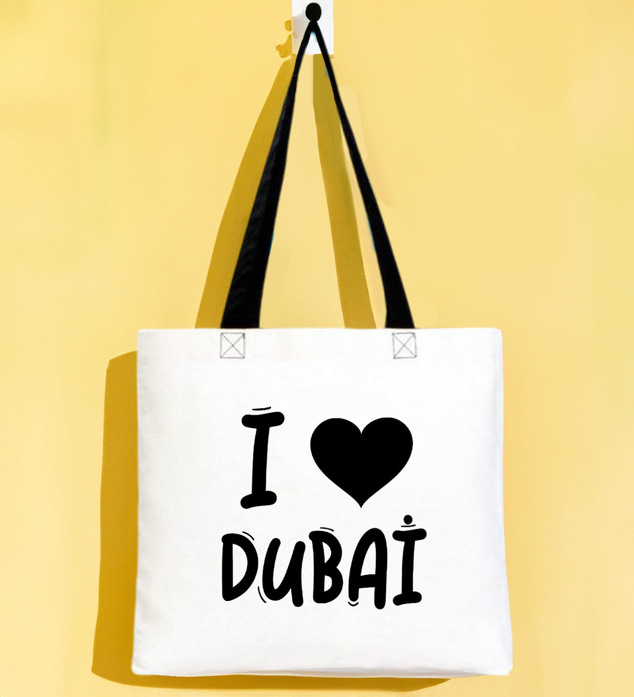 BK Gift I Love Dubai Siyah Renkli Kulp Gabardin Bez Çanta 40x35cm, Baskılı Omuz Çantası, Alışveriş Çantası, Plaj Çantası