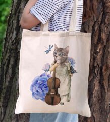 BK Gift Kedi Tasarımlı Kanvas Bez Çanta, Baskılı Omuz Çantası, Alışveriş Çantası, Plaj Çantası, Arkadaşa Hediye-3