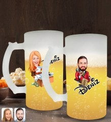 Kişiye Özel Erkek ve Kadın Patron Karikatürlü 2’li Buzlu Cam Bira Bardağı 50cl-2