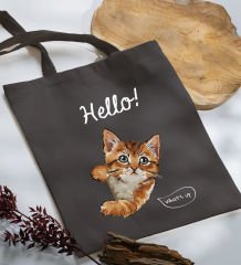 BK Gift Kedi Tasarımlı-4 Antrasit Kumaş Bez Çanta, Baskılı Omuz Çantası, Alışveriş Çantası, Anneye Hediye