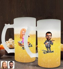 Kişiye Özel Erkek ve Kadın Patron Karikatürlü 2’li Buzlu Cam Bira Bardağı 50cl-3