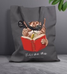 BK Gift Kedi Tasarımlı-5 Antrasit Kumaş Bez Çanta, Baskılı Omuz Çantası, Alışveriş Çantası, Anneye Hediye