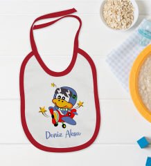 BK Kids Kişiye Özel Sevimli Pilot Tasarımlı Kırmızı Bebek Mama Önlüğü-3
