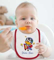 BK Kids Kişiye Özel Sevimli Pilot Tasarımlı Kırmızı Bebek Mama Önlüğü-3