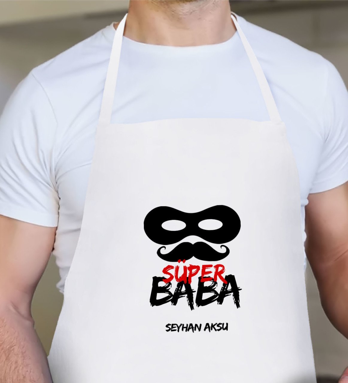 Kişiye Özel Süper Baba Tasarımlı Beyaz Mutfak Önlüğü-4