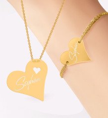 Kişiye Özel İsimli Gold Kalp Kolye ve Bileklik Seti