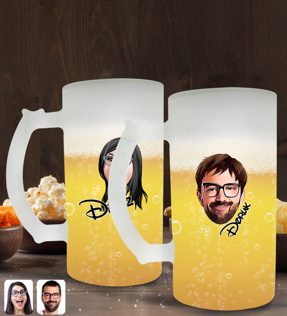 Kişiye Özel Erkek ve Kadın Yüz Karikatürlü 2’li Buzlu Cam Bira Bardağı 50cl-1