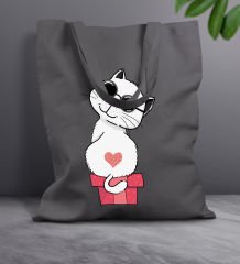 BK Gift Kedi Tasarımlı-6 Antrasit Kumaş Bez Çanta, Baskılı Omuz Çantası, Alışveriş Çantası, Anneye Hediye