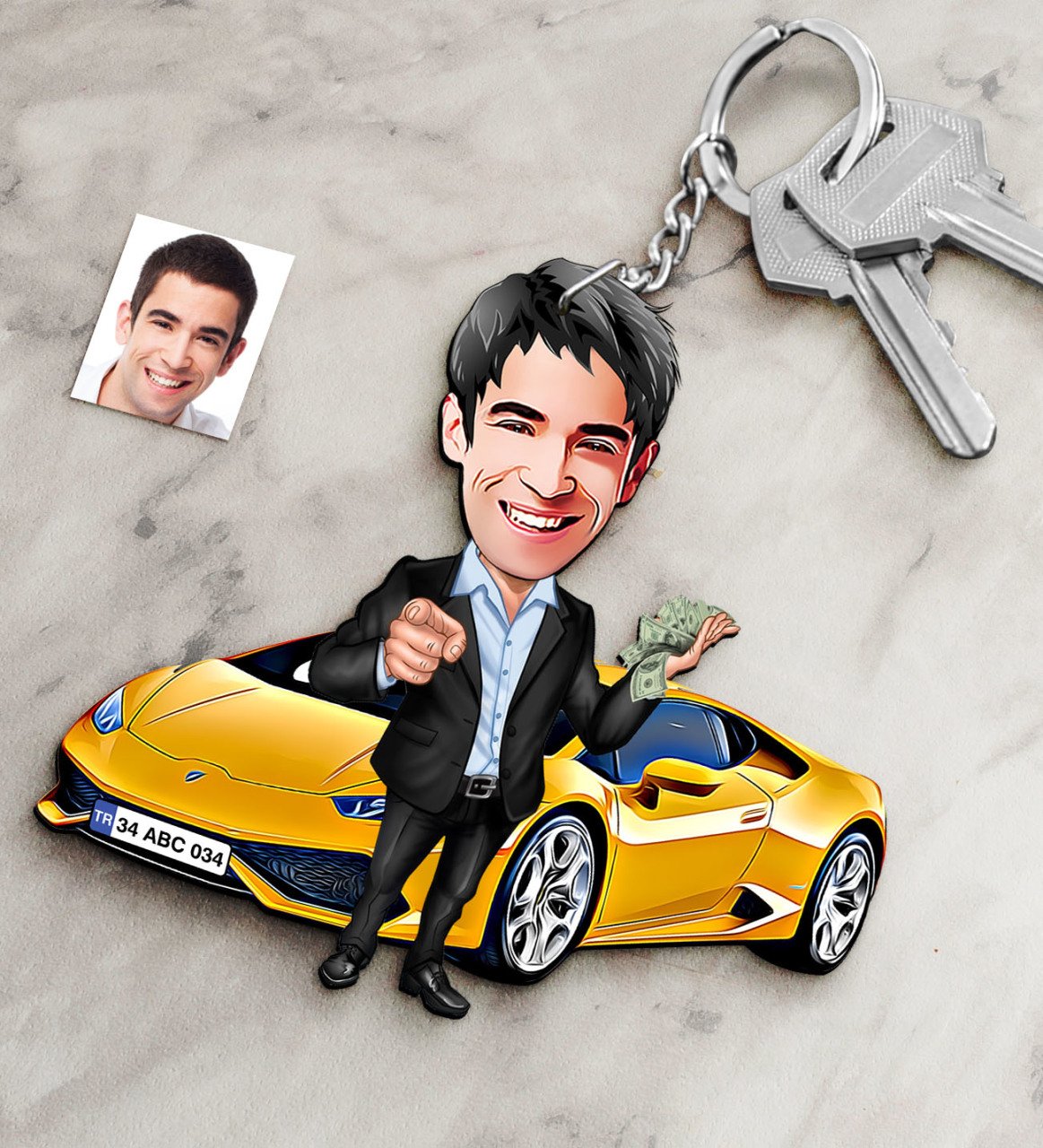 Kişiye Özel Bay Lamborghini Figürlü Plakalı Ahşap Karikatür Anahtarlık