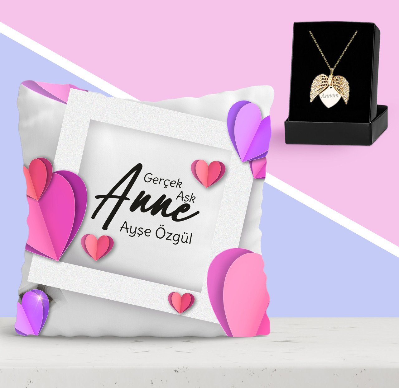 Kişiye Özel Gerçek Aşk Anne Tasarımlı Yastık ve Melek Kolye Seti-1