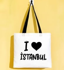 BK Gift I Love İstanbul Siyah Renkli Kulp Gabardin Bez Çanta 40x35cm, Baskılı Omuz Çantası, Alışveriş Çantası, Plaj Çantası