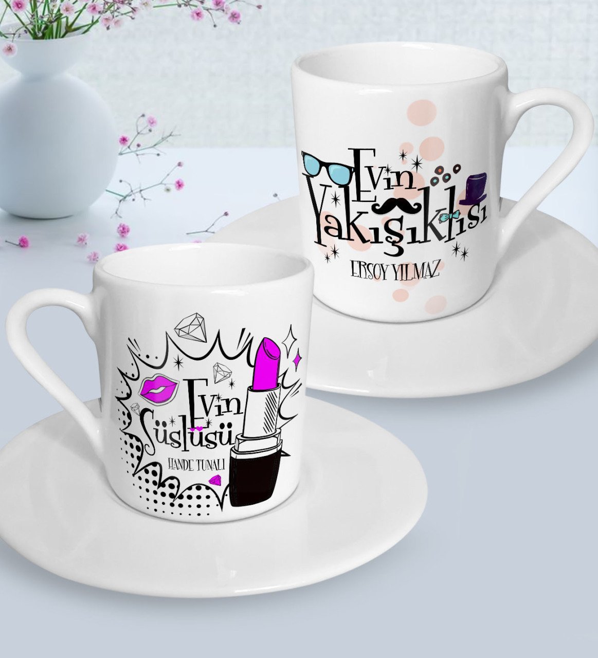 Kişiye Özel İkili Evin Süslüsü Yakışıklısı Türk Kahvesi Fincanı Seti - 3