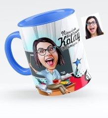 Kişiye Özel Bayan Öğretmen Karikatürlü Mavi Kupa Bardak - 2
