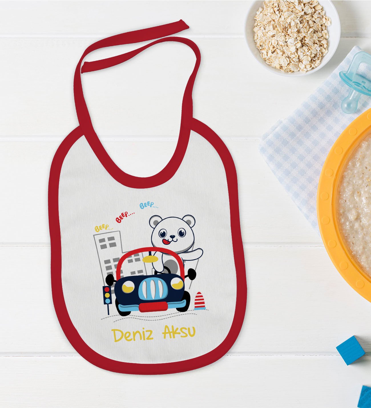 BK Kids Kişiye Özel Sevimli Sürücü Tasarımlı Kırmızı Bebek Mama Önlüğü-1