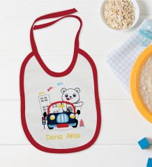 BK Kids Kişiye Özel Sevimli Sürücü Tasarımlı Kırmızı Bebek Mama Önlüğü-1