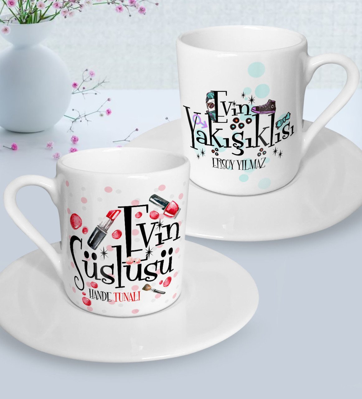 Kişiye Özel İkili Evin Süslüsü Yakışıklısı Türk Kahvesi Fincanı Seti - 4