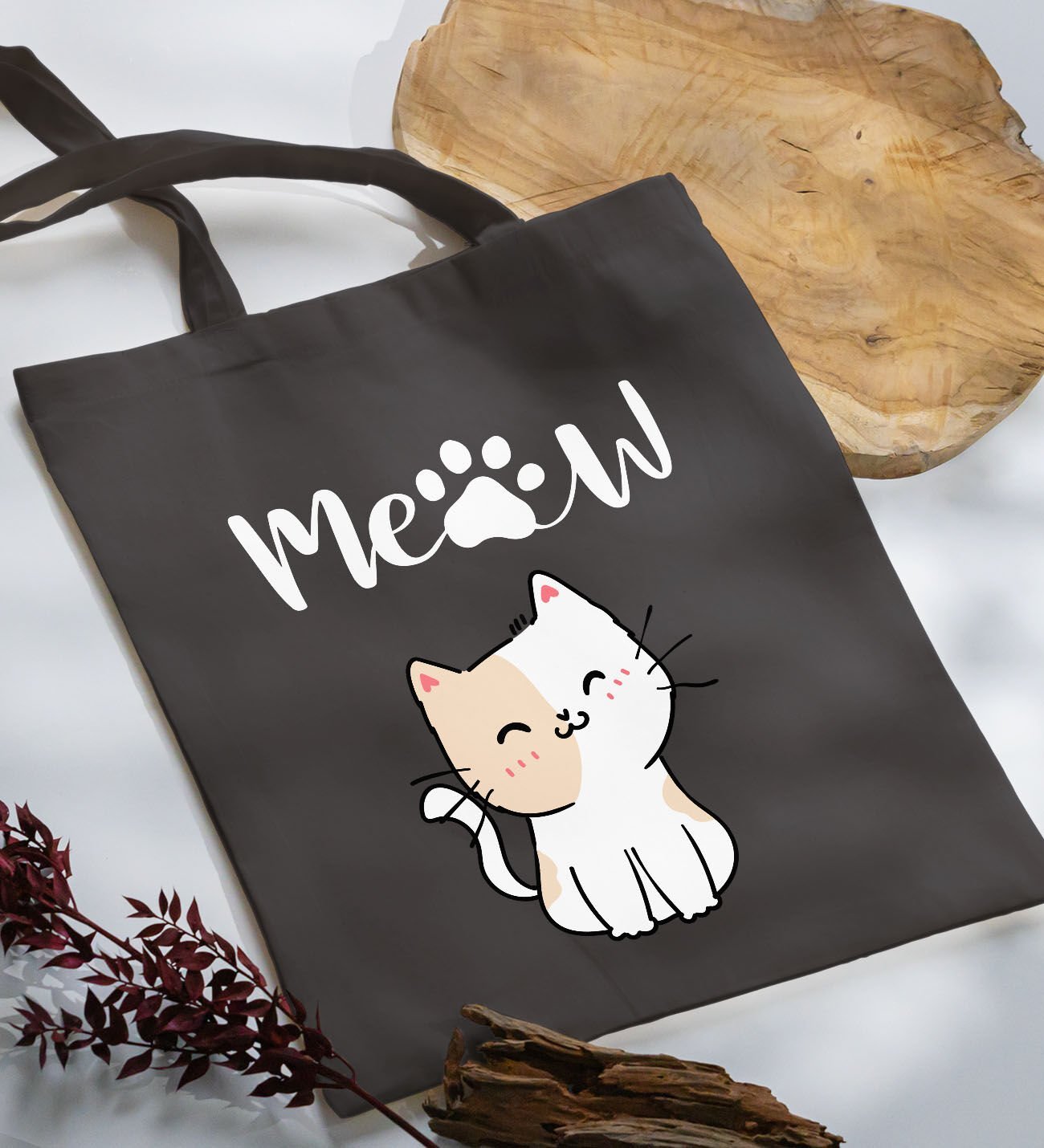 BK Gift Kedi Tasarımlı-11 Antrasit Kumaş Bez Çanta, Baskılı Omuz Çantası, Alışveriş Çantası, Anneye Hediye