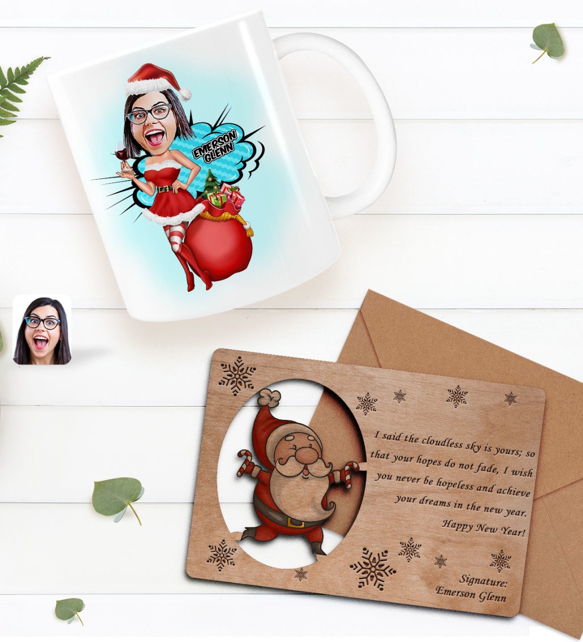 Kişiye Özel Happy New Year Kupa Bardak ve Retro Ahşap Yılbaşı Tebrik Kartı Hediye Seti-10C