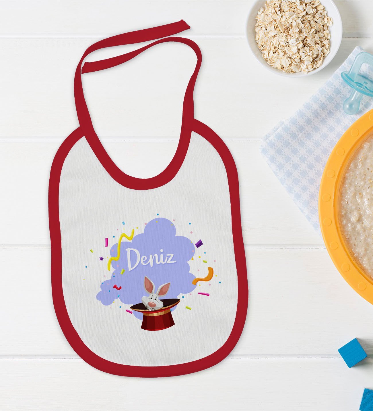 BK Kids Kişiye Özel Sihirbaz Tasarımlı Kırmızı Bebek Mama Önlüğü-1