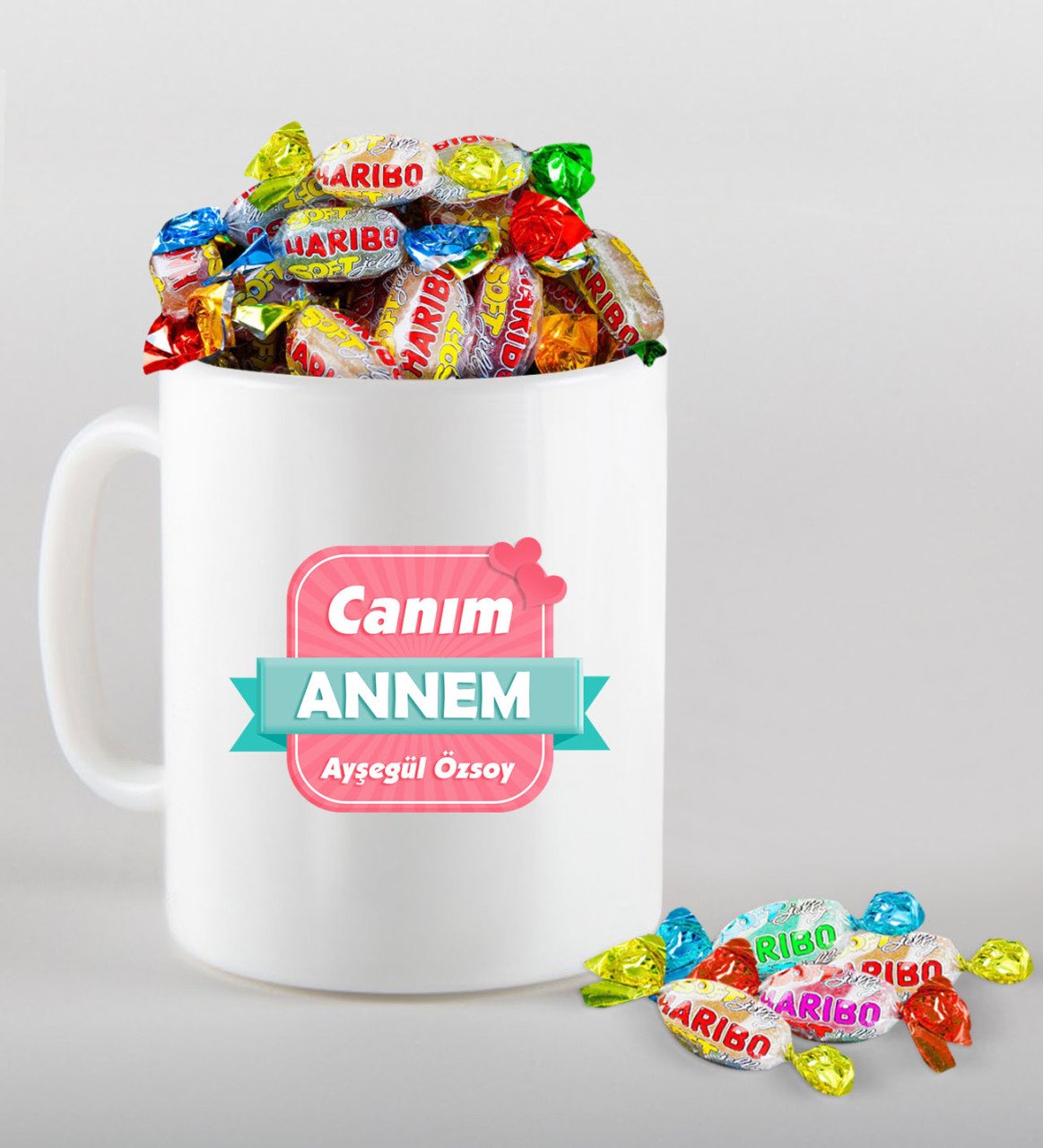 Kişiye Özel Canım Annem Tasarımlı Beyaz Kupa ve Haribo Şeker Hediye Seti-2