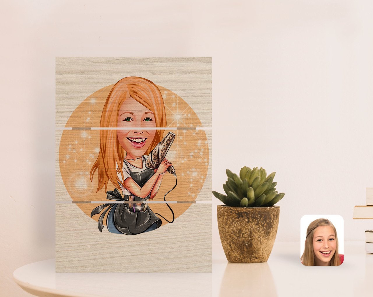 Kişiye Özel Kadın Kuaför Karikatürlü Otantik Masaüstü Ahşap Palet Çerçeve-2