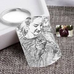 Kişiye Özel Tam Boy Karakalem Kedi ve Kız Karikatürlü Pleksi Anahtarlık-1