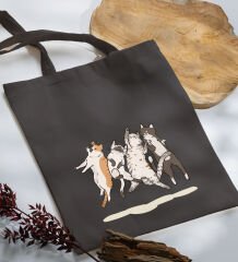 BK Gift Kediler Tasarımlı-2 Antrasit Kumaş Bez Çanta, Baskılı Omuz Çantası, Alışveriş Çantası, Anneye Hediye