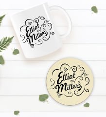 BK Gift Kişiye Özel İsimli Beyaz Kupa Bardak ve Yuvarlak Ahşap Bardak Altlığı Hediye Seti -6