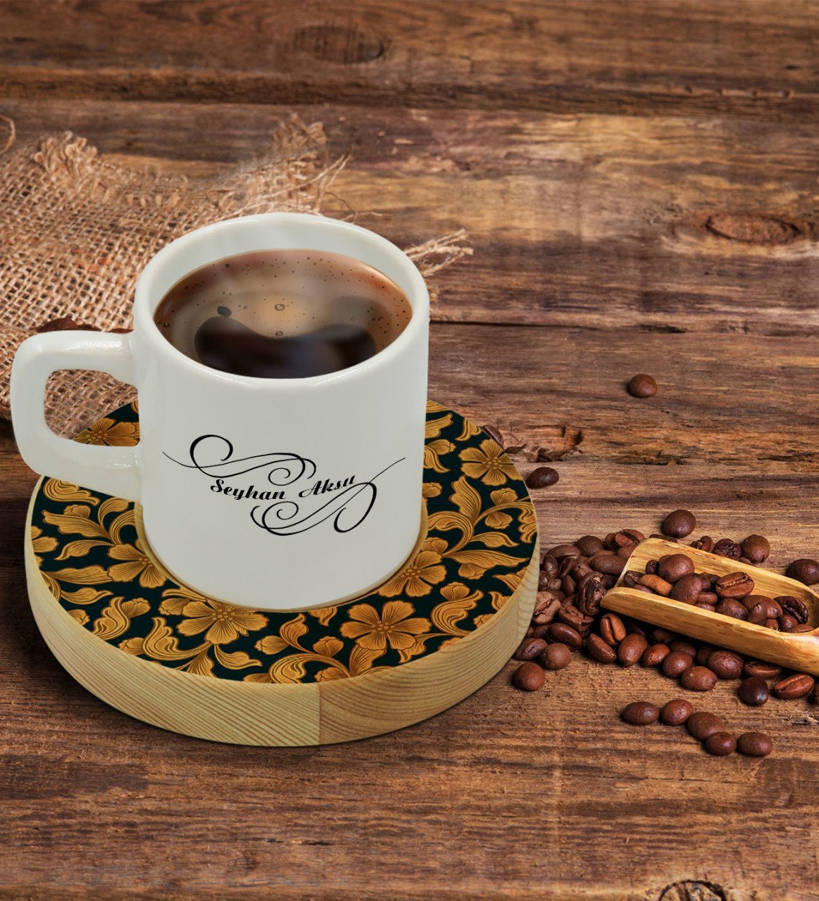 Kişiye Özel Retro Motif Tasarımlı Doğal Ahşap Tabaklı Türk Kahvesi Fincanı Model 15