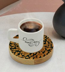 Kişiye Özel Retro Motif Tasarımlı Doğal Ahşap Tabaklı Türk Kahvesi Fincanı Model 15