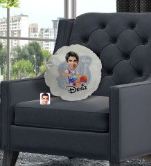 Kişiye Özel İsimli Erkek Basketbolcu Karikatürlü Yuvarlak Dekoratif Kırlent Yastık-2