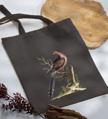 BK Gift Kuş Tasarımlı-1 Antrasit Kumaş Bez Çanta, Baskılı Omuz Çantası, Alışveriş Çantası, Anneye Hediye