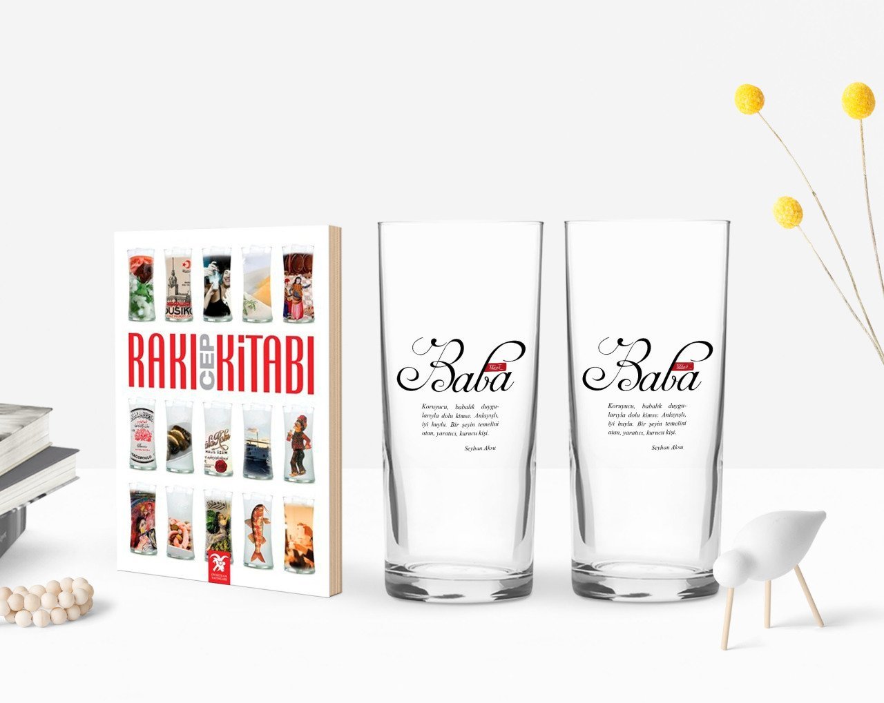 Kişiye Özel Renkli Baskılı Mânâ Baba Tasarımlı İkili Rakı Bardağı ve Rakı Cep Kitabı Hediye Seti-1