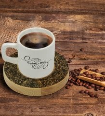 Kişiye Özel Retro Motif Tasarımlı Doğal Ahşap Tabaklı Türk Kahvesi Fincanı Model 16