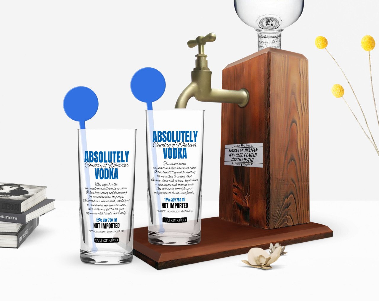 Kişiye Özel Renkli Baskılı Absolutely Vodka Tasarımlı İkili Vodka Bardağı ve Ahşap Vodka Standı Hediye Seti-1