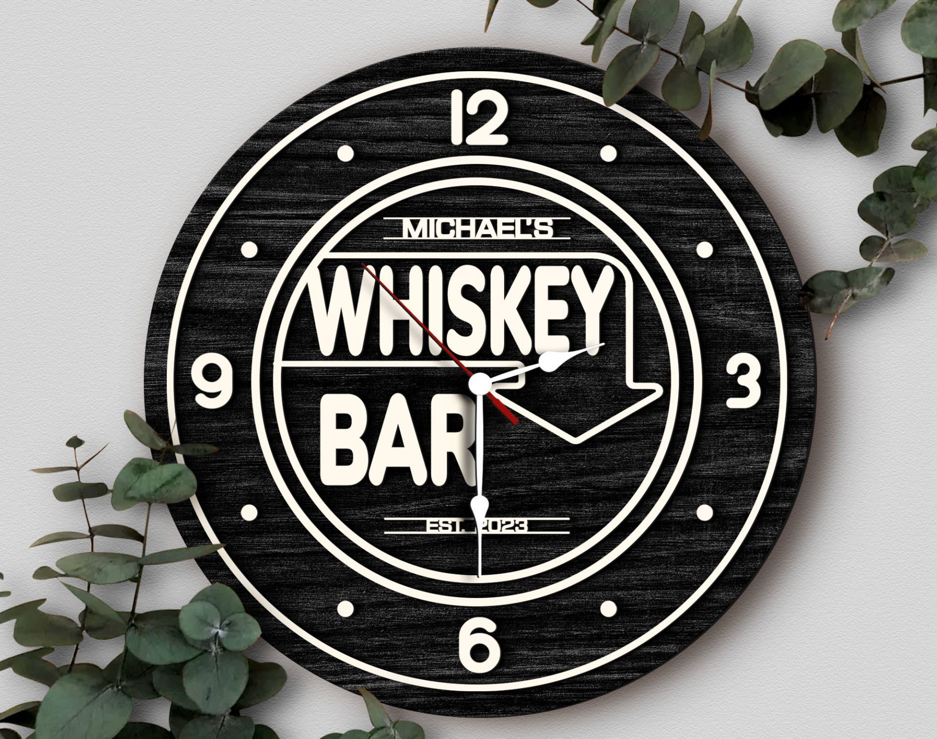BK Gift Barlara Özel Dekoratif Siyah Ahşap Duvar Saati 35cm-13 , Bar Duvar Saati , Cafe Duvar Saati , Özel Ahşap Saat