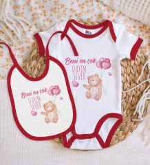 BK Kids Beni En Çok Dayım Sever Tasarımlı Kırmızı Bebek Body Zıbın ve Mama Önlüğü Hediye Seti-1