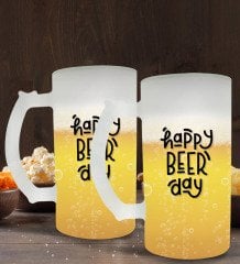 BK Gift Happy Beer Day Tasarımlı 2’li Buzlu Cam Bira Bardağı 50cl-1
