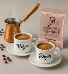 BK Gift Kişiye Özel İsimli 2'li Türk Kahvesi Fincanı & Bakır Cezve & Türk Kahvesi Seti-1, Arkadaş Hediye, Sevgiliye Hediye