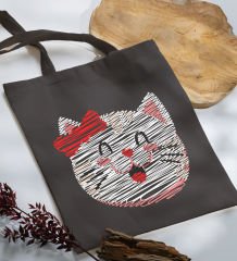 BK Gift Modern Art Tasarımlı-4 Antrasit Kumaş Bez Çanta, Baskılı Omuz Çantası, Alışveriş Çantası, Anneye Hediye