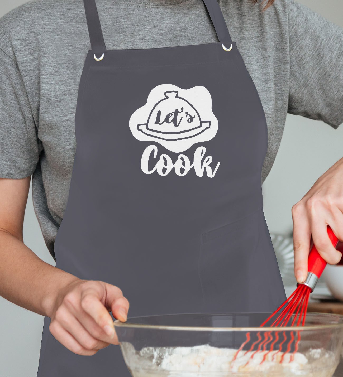 BK Gift Profesyonel Lets Cook Tasarımlı Antrasit Mutfak Önlüğü, Aşçı Önlüğü, Şef Önlüğü, Ev Hediyesi, Arkadaşa Hediye-1