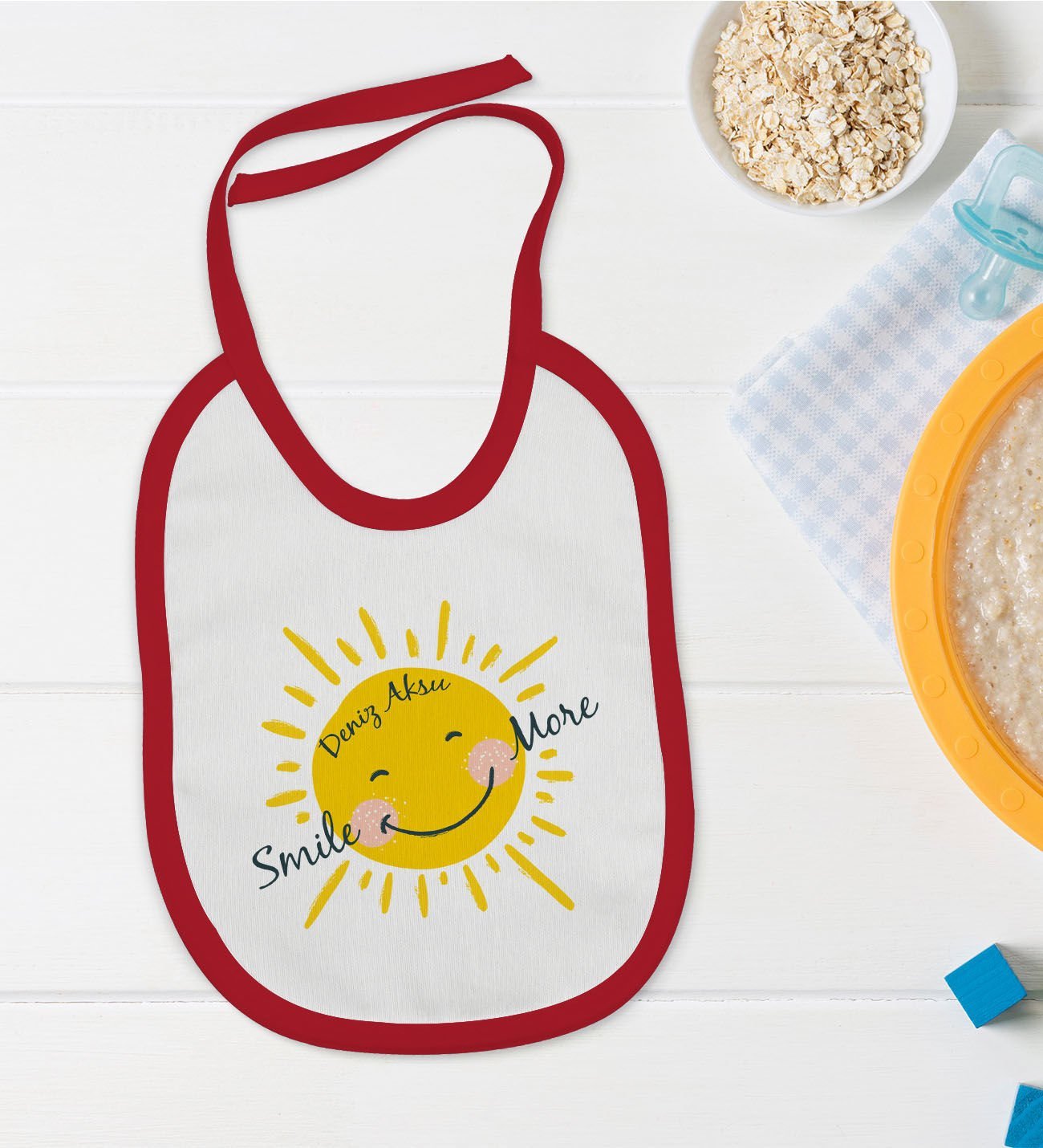 BK Kids Kişiye Özel Smile More Tasarımlı Kırmızı Bebek Mama Önlüğü-1