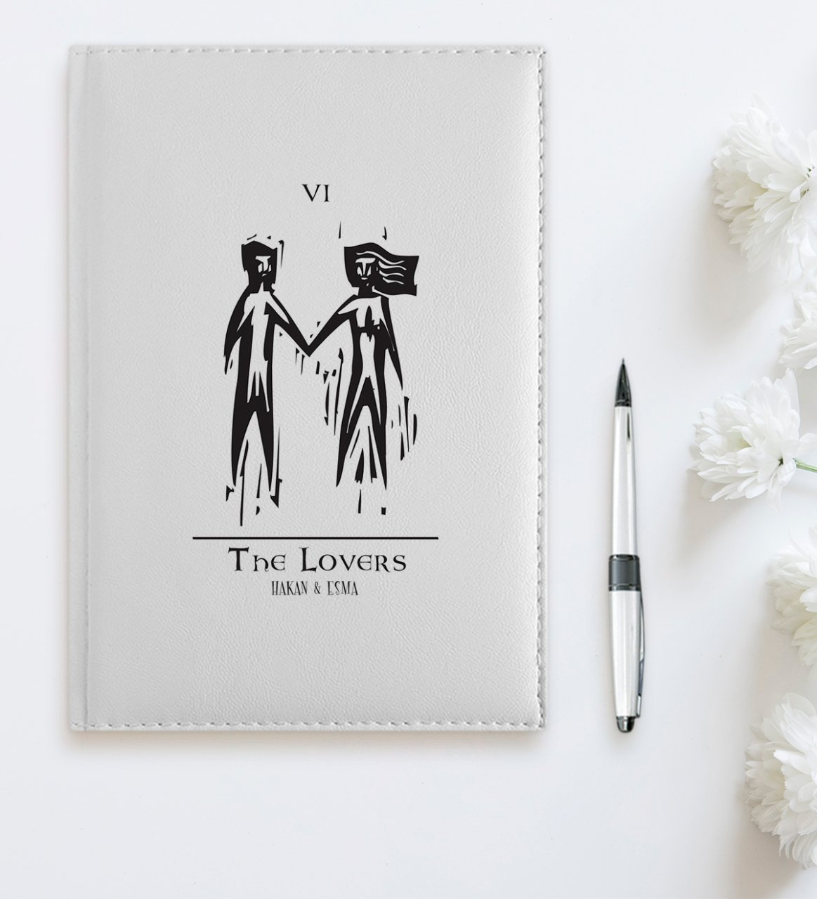 BK Gift Kişiye Özel Tarot The Lovers Aşıklar 2023 Beyaz Deri Ajanda