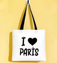 BK Gift I Love Paris Siyah Renkli Kulp Gabardin Bez Çanta 40x35cm, Baskılı Omuz Çantası, Alışveriş Çantası, Plaj Çantası