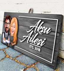BK Gift Kişiye Özel Aile Karikatürlü Gri Dekoratif Ahşap Tabela