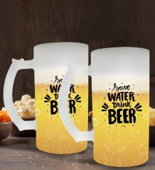 BK Gift Save Water Drink Beer Tasarımlı 2’li Buzlu Cam Bira Bardağı 50cl-1