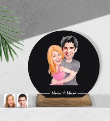 Kişiye Özel Sevgililer Karikatürlü Yuvarlak Ahşap Biblo-86