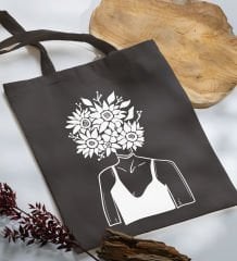 BK Gift Modern Art Tasarımlı-5 Antrasit Kumaş Bez Çanta, Baskılı Omuz Çantası, Alışveriş Çantası, Anneye Hediye
