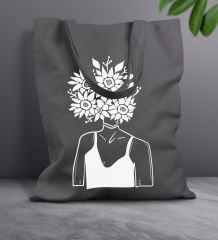 BK Gift Modern Art Tasarımlı-5 Antrasit Kumaş Bez Çanta, Baskılı Omuz Çantası, Alışveriş Çantası, Anneye Hediye